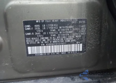 2015 Subaru Outback 2.5I Premium from USA, damaged, VIN 4S4BSACC5F3319377